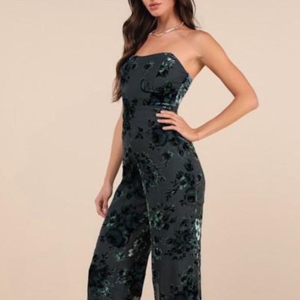 Lulu's Strapless Velvet Floral Straight Leg Jumpsuit in Dark Green and Black